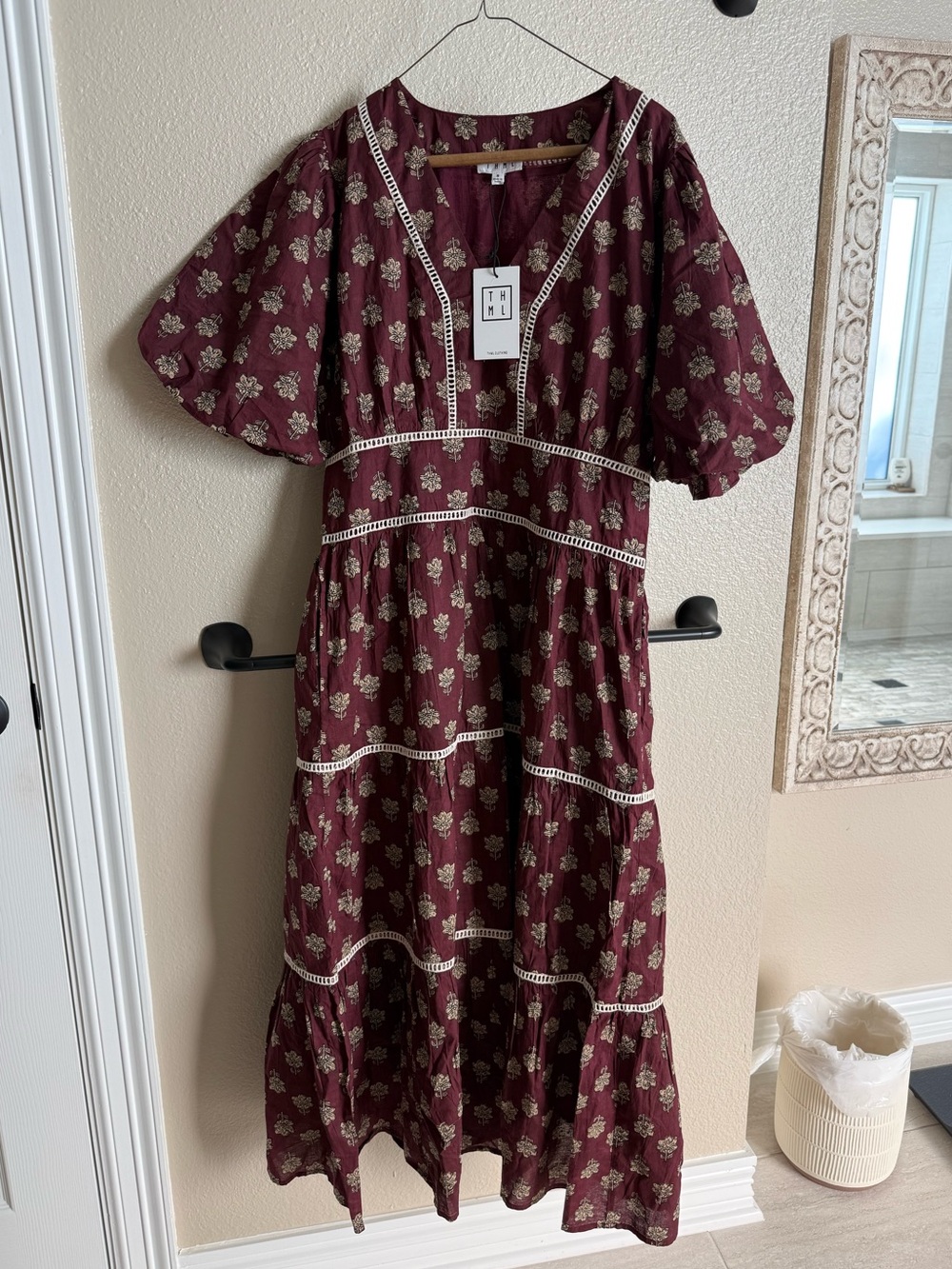 THML Burgundy Floral Tiered Maxi Dress with Cream Trim